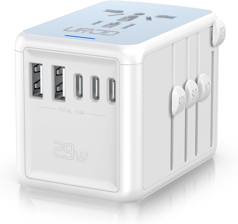 URJD Universal Travel Adapter, 6.0A 5 USB Ports (3 USB C) & 2500W AC Outlet, International Power Plug Adapter Worldwide Travel Wall Charger Multi Plug for Europe UK US AUS (Type C/G/A/I, White) - Image 1